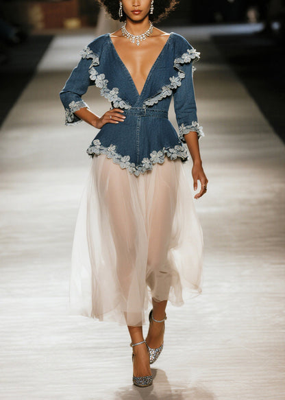 Simple Navy Flower Decorated Patchwork Tulle Long Dress Spring