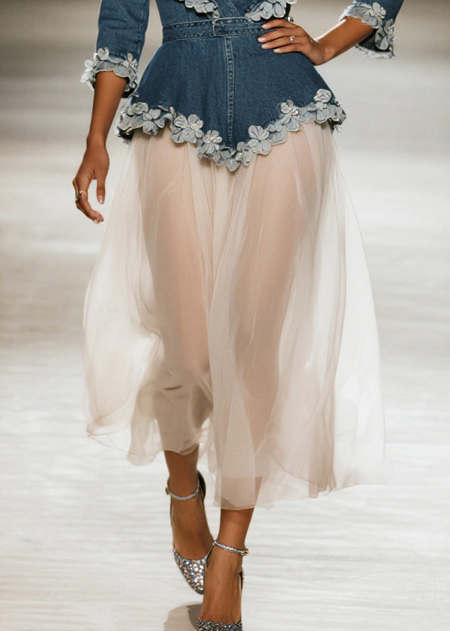 Simple Navy Flower Decorated Patchwork Tulle Long Dress Spring