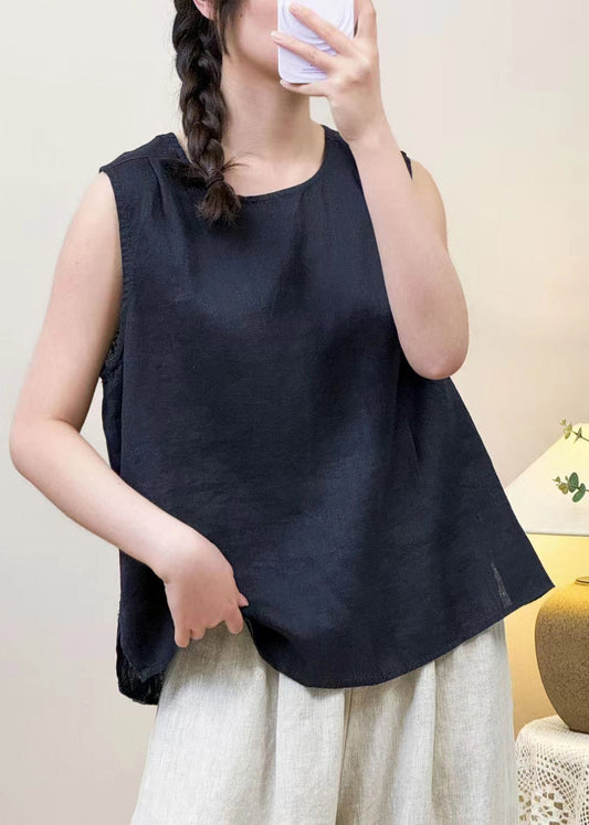 Simple Navy O Neck Button Solid Linen Shirt Sleeveless