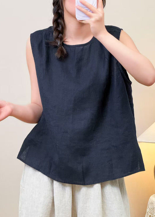 Simple Navy O Neck Button Solid Linen Shirt Sleeveless