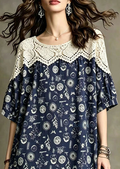 Simple Navy O-Neck Lace Patchwork Print Tops Half Sleeve