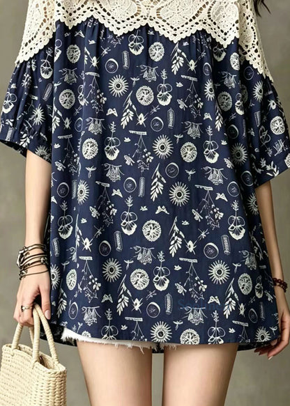 Simple Navy O-Neck Lace Patchwork Print Tops Half Sleeve