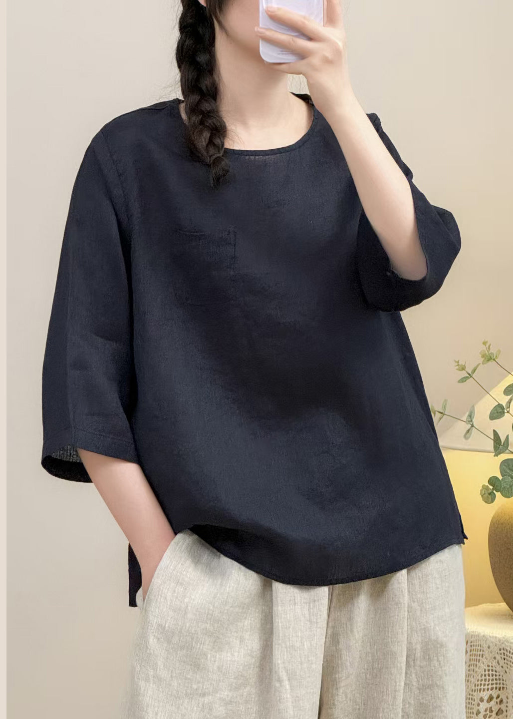 Simple Navy O Neck Solid Linen Shirt Bracelet Sleeve