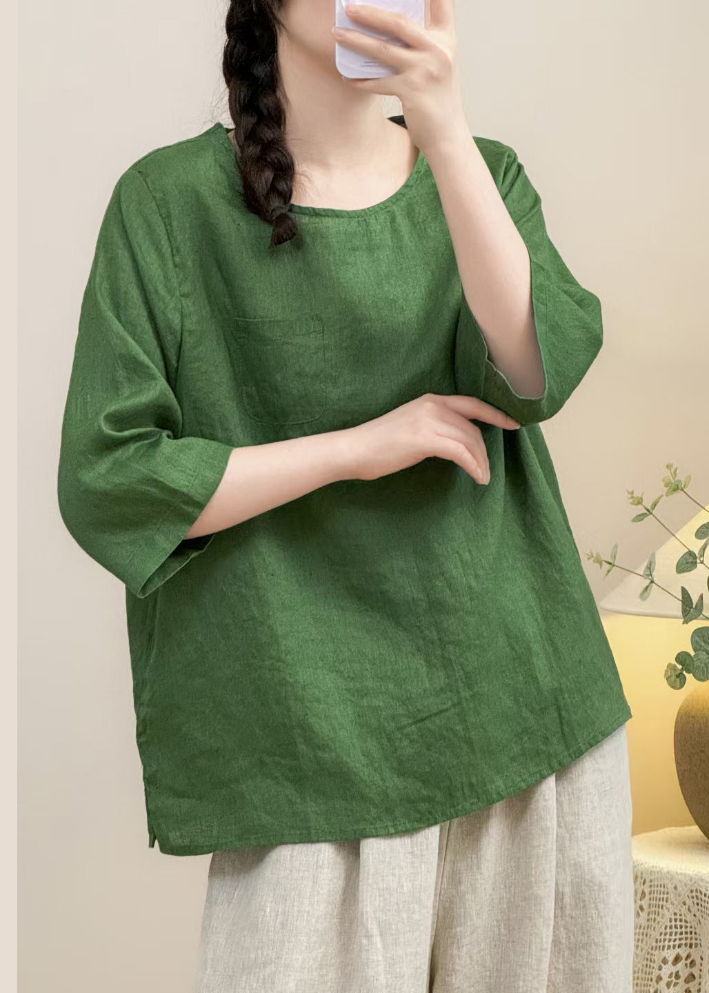 Simple Navy O Neck Solid Linen Shirt Bracelet Sleeve