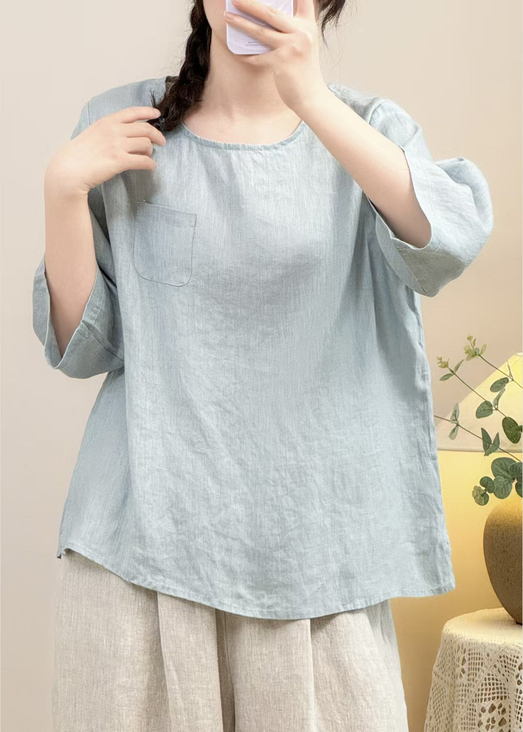 Simple Navy O Neck Solid Linen Shirt Bracelet Sleeve