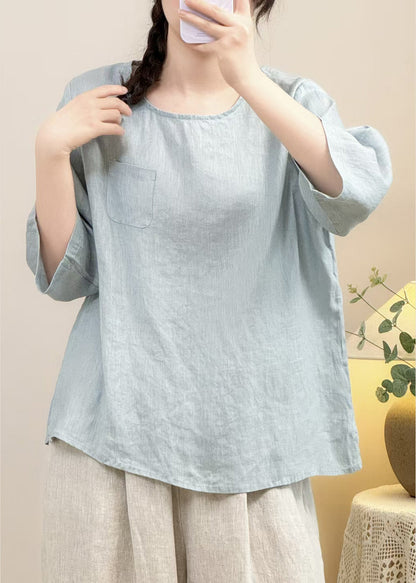 Simple Navy O Neck Solid Linen Shirt Bracelet Sleeve