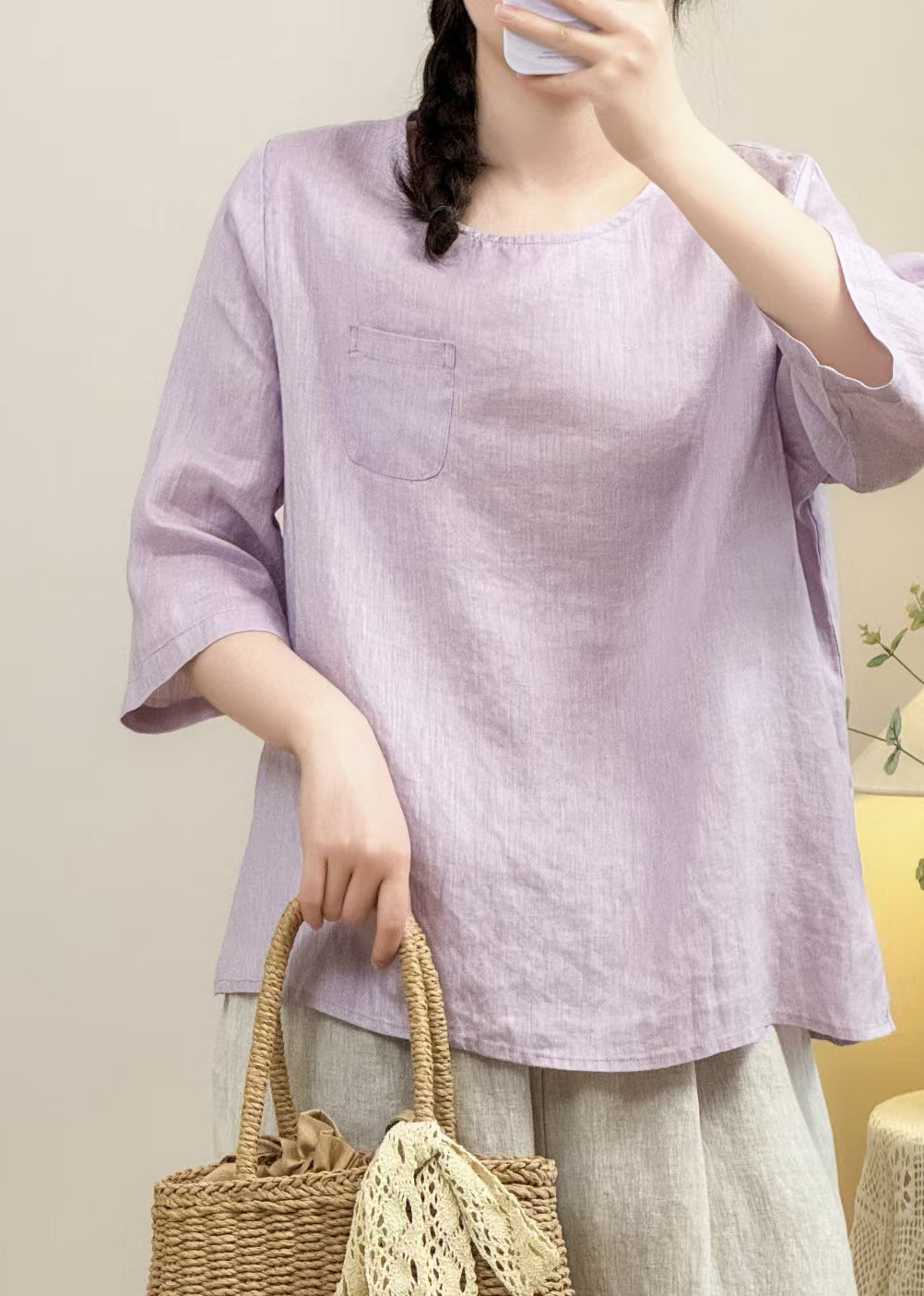 Simple Navy O Neck Solid Linen Shirt Bracelet Sleeve