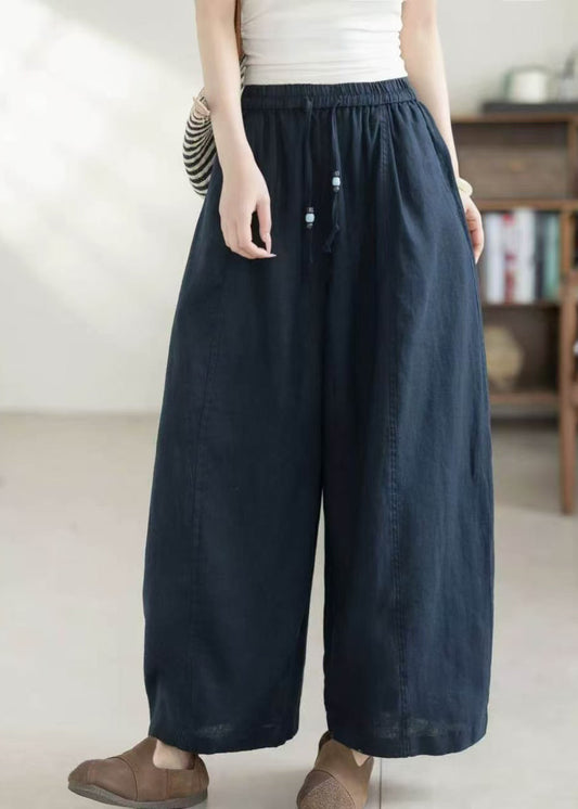 Simple Navy Oversized Elastic Waist Linen Pants Summer