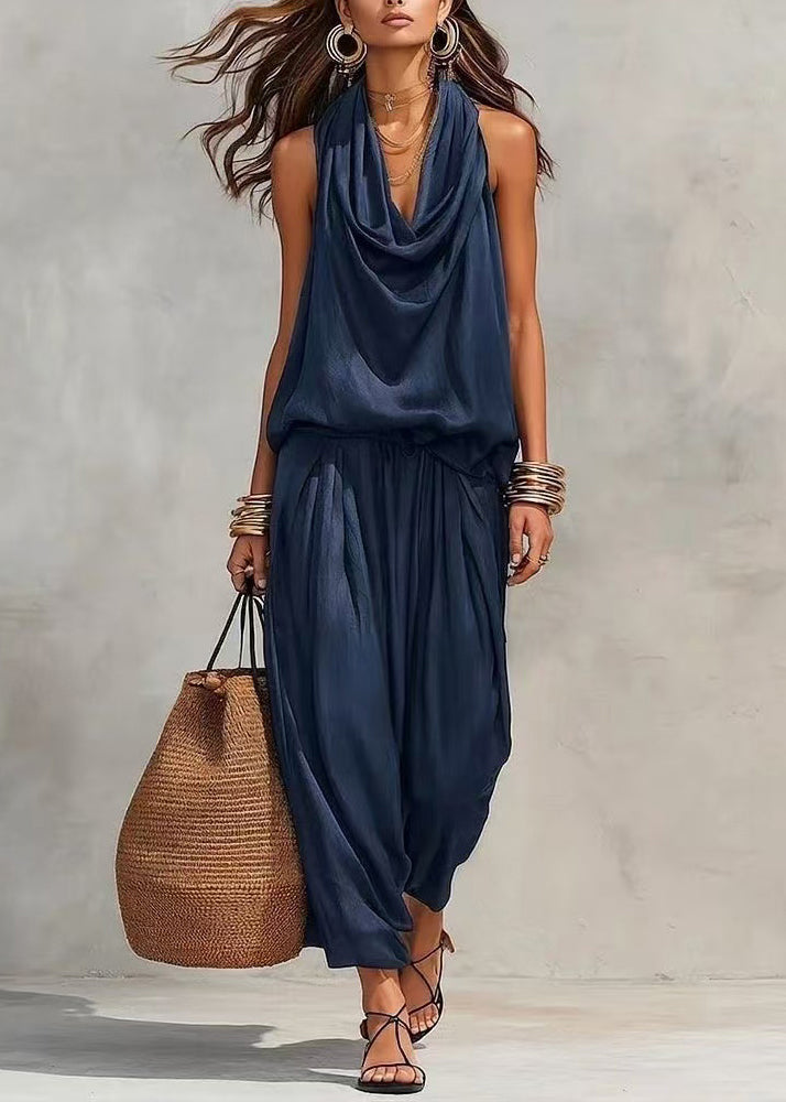 Simple Navy Oversized Two Piece Set Women Clothing Sleeveless