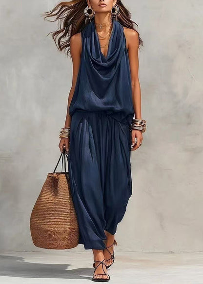 Simple Navy Oversized Two Piece Set Women Clothing Sleeveless
