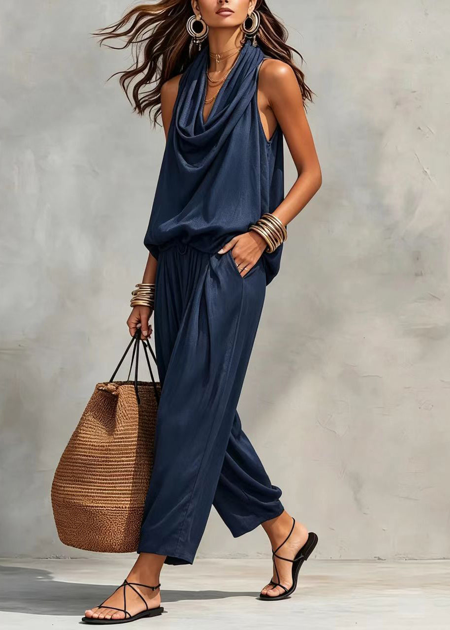 Simple Navy Oversized Two Piece Set Women Clothing Sleeveless