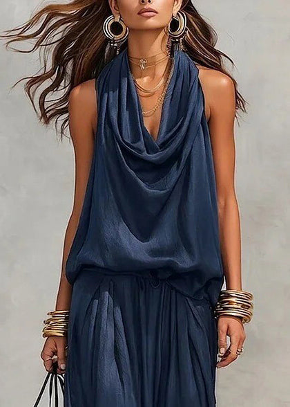 Simple Navy Oversized Two Piece Set Women Clothing Sleeveless