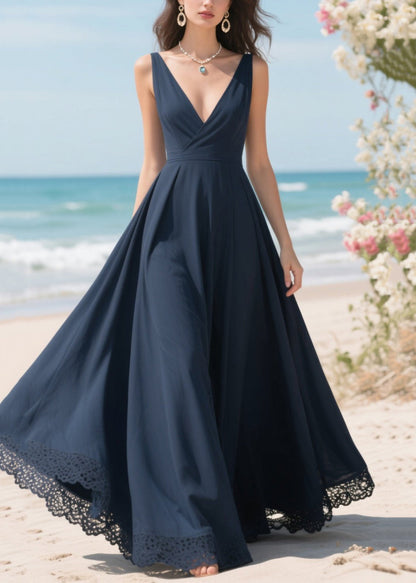 Simple Navy Patchwork Lace Exra Large Hem Party Dress Summer