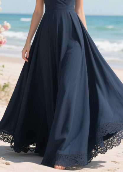 Simple Navy Patchwork Lace Exra Large Hem Party Dress Summer