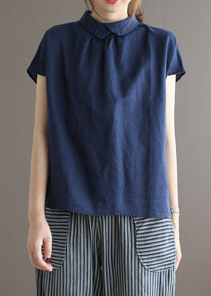 Blusa de lino con cuello Peter Pan y botones en azul marino para verano