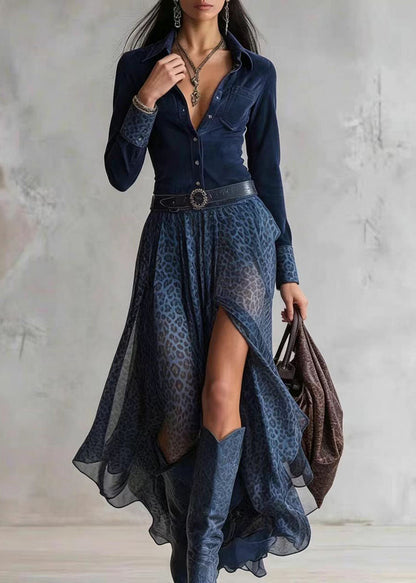 Simple Navy Peter Pan Collar Side Open Patchwork Chiffon Maxi Dresses Long Sleeve