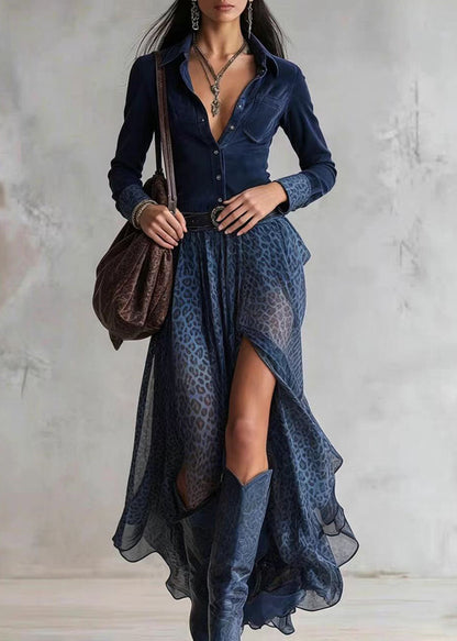 Simple Navy Peter Pan Collar Side Open Patchwork Chiffon Maxi Dresses Long Sleeve