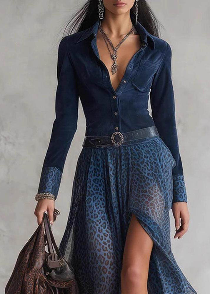 Simple Navy Peter Pan Collar Side Open Patchwork Chiffon Maxi Dresses Long Sleeve