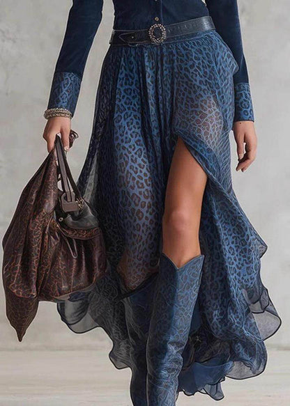 Simple Navy Peter Pan Collar Side Open Patchwork Chiffon Maxi Dresses Long Sleeve