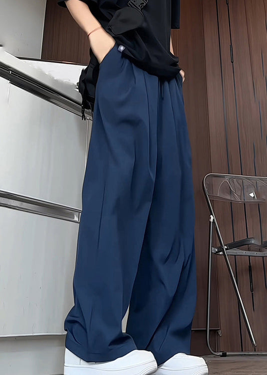 Simple Navy Pockets Solid Elastic Waist Ice Silk Men Pants Summer