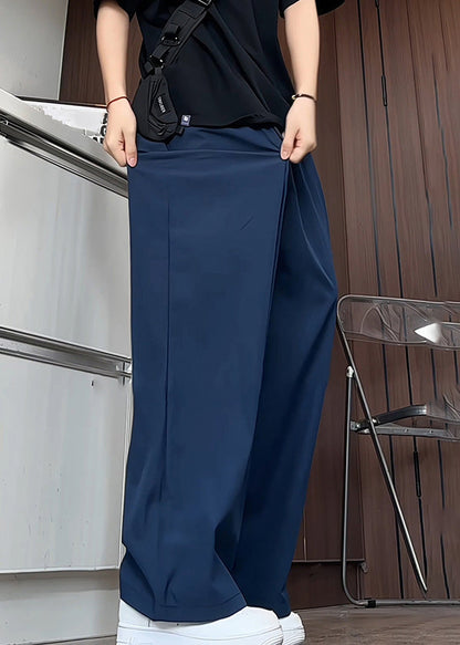 Simple Navy Pockets Solid Elastic Waist Ice Silk Men Pants Summer