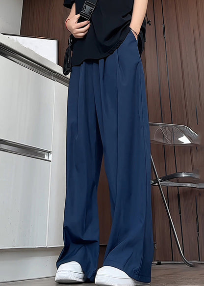 Simple Navy Pockets Solid Elastic Waist Ice Silk Men Pants Summer