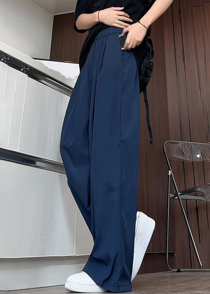 Simple Navy Pockets Solid Elastic Waist Ice Silk Men Pants Summer