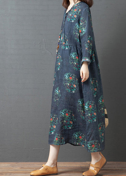 Einfaches Marineblaues V-Ausschnitt Leinen Urlaubskleid Langarm