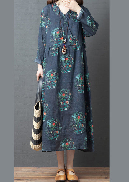 Einfaches Marineblaues V-Ausschnitt Leinen Urlaubskleid Langarm