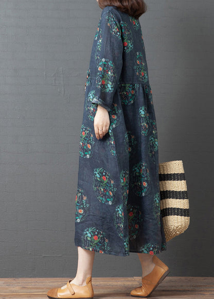 Einfaches Marineblaues V-Ausschnitt Leinen Urlaubskleid Langarm