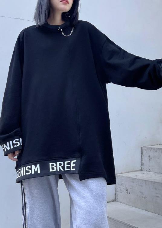 Simple O Neck Asymmetric Spring Tunics For Women Black Letter Tops - SooLinen