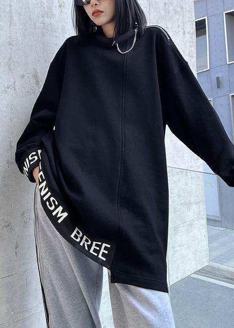 Simple O Neck Asymmetric Spring Tunics For Women Black Letter Tops - SooLinen