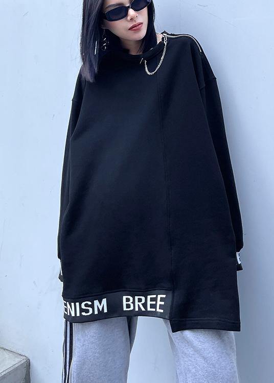 Simple O Neck Asymmetric Spring Tunics For Women Black Letter Tops - SooLinen