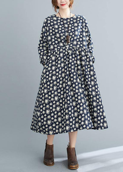 Simple O Neck Cinched Spring Dresses Runway Navy Floral Kaftan Dress - SooLinen