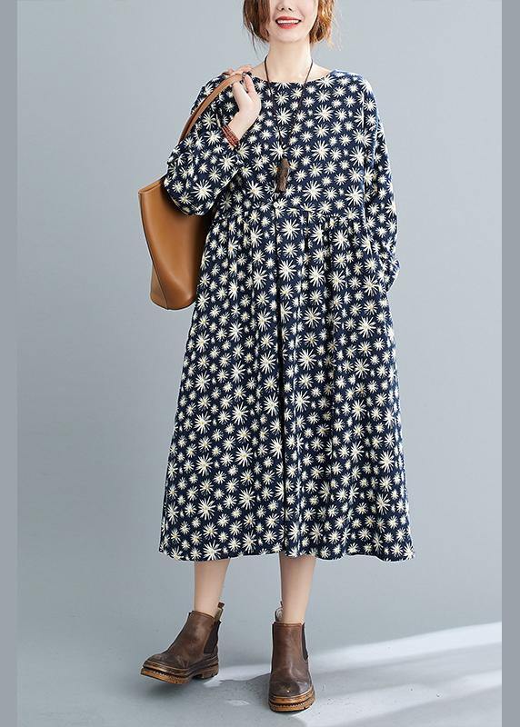 Simple O Neck Cinched Spring Dresses Runway Navy Floral Kaftan Dress - SooLinen