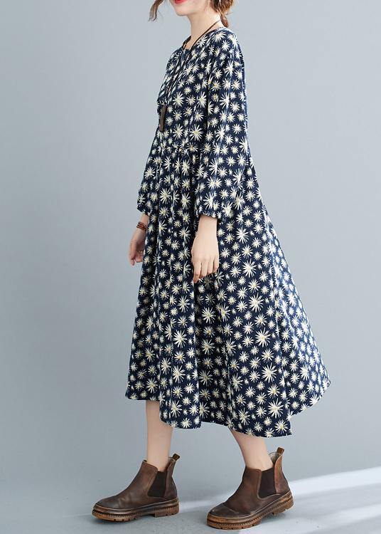 Simple O Neck Cinched Spring Dresses Runway Navy Floral Kaftan Dress - SooLinen