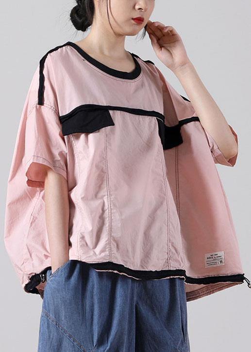 Simple O-Neck Pink Cotton Summer Short Sleeve Top - SooLinen