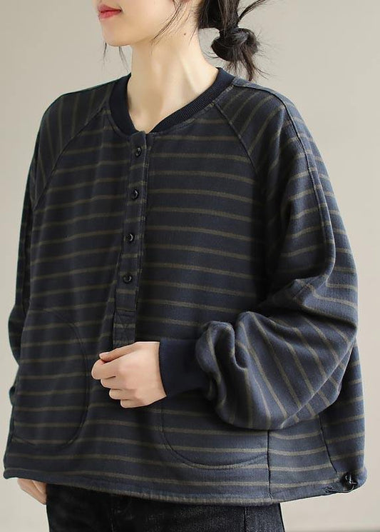 Simple O Neck Spring Clothes For Women Christmas Gifts Navy Striped Blouses - SooLinen