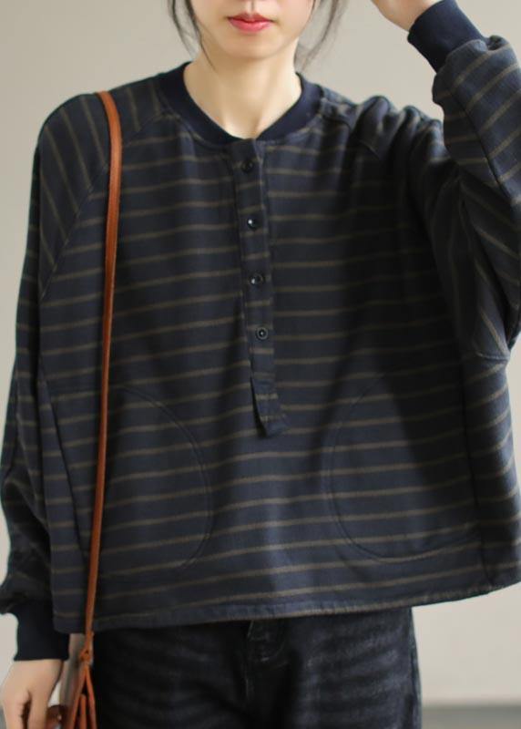 Simple O Neck Spring Clothes For Women Christmas Gifts Navy Striped Blouses - SooLinen