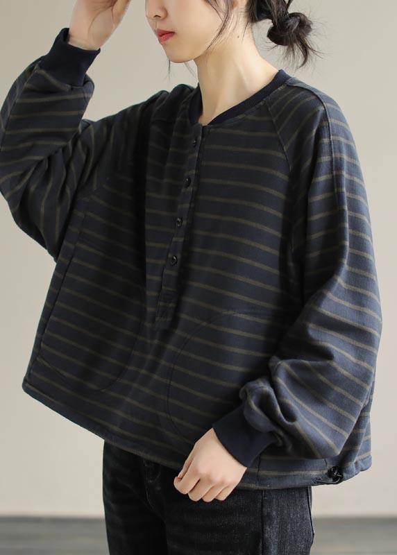 Simple O Neck Spring Clothes For Women Christmas Gifts Navy Striped Blouses - SooLinen