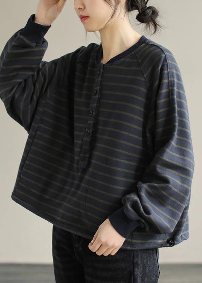 Simple O Neck Spring Clothes For Women Christmas Gifts Navy Striped Blouses - SooLinen