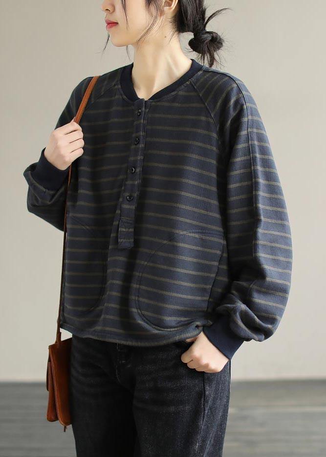 Simple O Neck Spring Clothes For Women Christmas Gifts Navy Striped Blouses - SooLinen