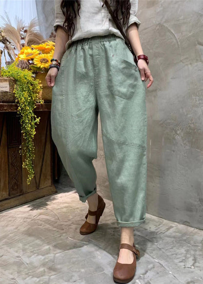 Simple Pea Green Pockets Elastic Waist Cotton Crop Pants Summer