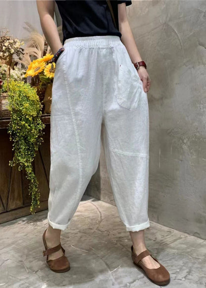 Simple Pea Green Pockets Elastic Waist Cotton Crop Pants Summer