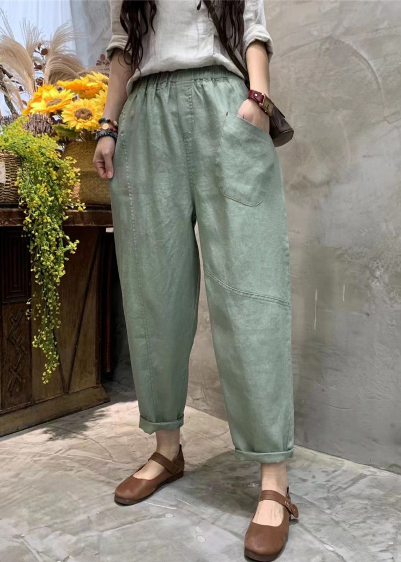 Simple Pea Green Pockets Elastic Waist Cotton Crop Pants Summer