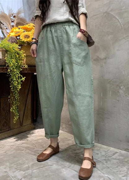 Simple Pea Green Pockets Elastic Waist Cotton Crop Pants Summer