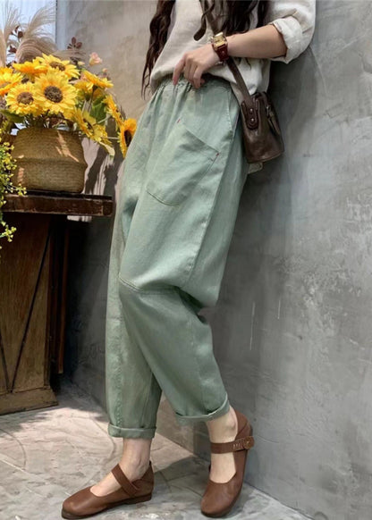 Simple Pea Green Pockets Elastic Waist Cotton Crop Pants Summer