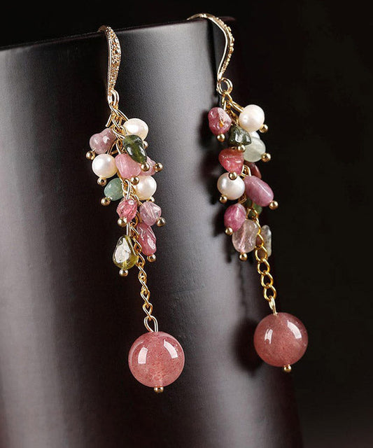 Pendientes sencillos de cobre rosa con perlas de cristal