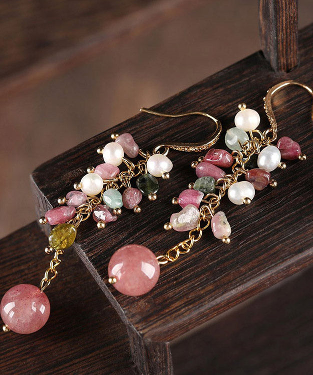 Pendientes sencillos de cobre rosa con perlas de cristal