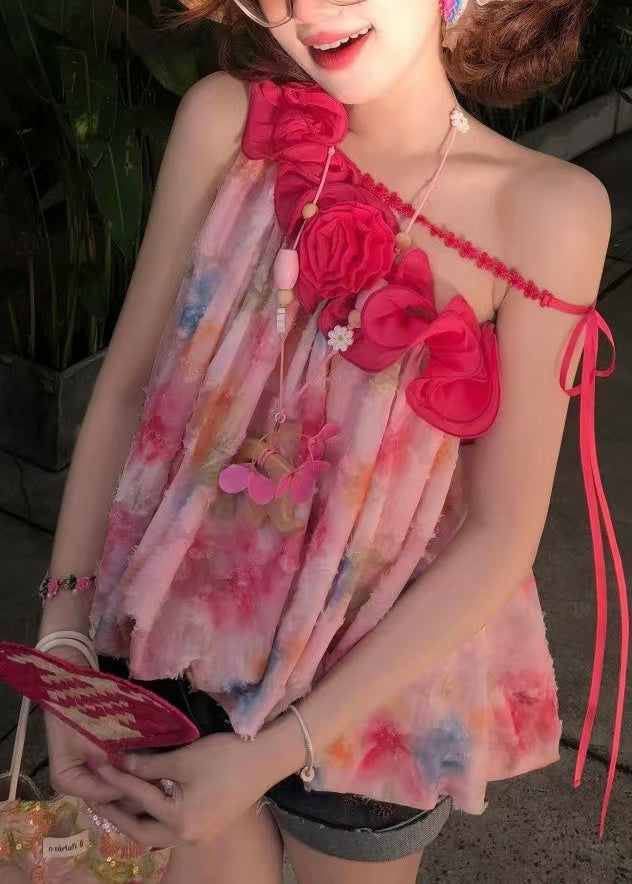 Simple Pink Floral One Shoulder Print Chiffon Tanks Sleeveless